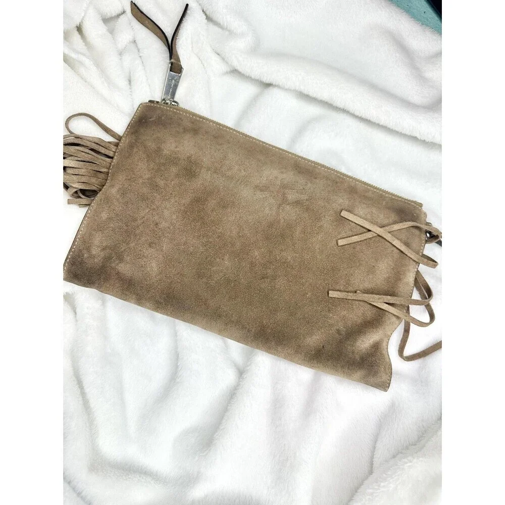 Michael Kors Clutch Bag Womens Medium Brown Suede Fringe Studded Boho Western